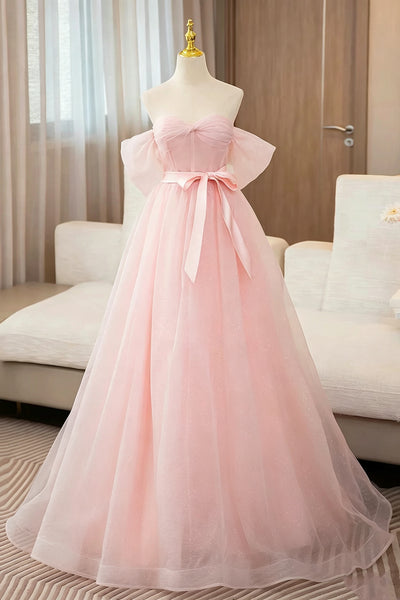 Off the Shoulder Pink Floor Length Long Prom Dresses, Off Shoulder Pink Long Formal Evening Dresses