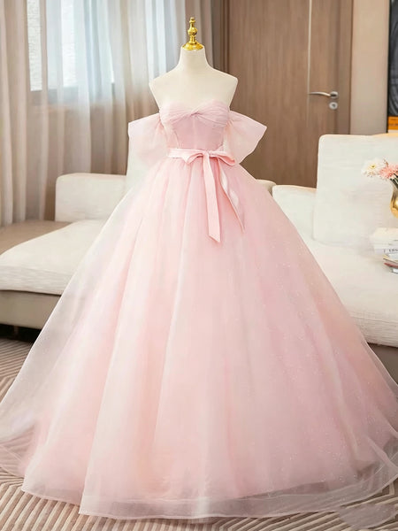 Off the Shoulder Pink Floor Length Long Prom Dresses, Off Shoulder Pink Long Formal Evening Dresses