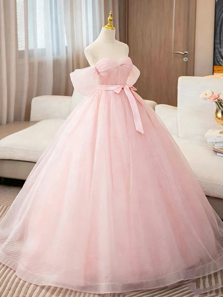 Off the Shoulder Pink Floor Length Long Prom Dresses, Off Shoulder Pink Long Formal Evening Dresses