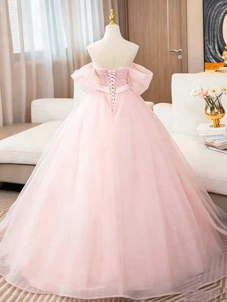 Off the Shoulder Pink Floor Length Long Prom Dresses, Off Shoulder Pink Long Formal Evening Dresses