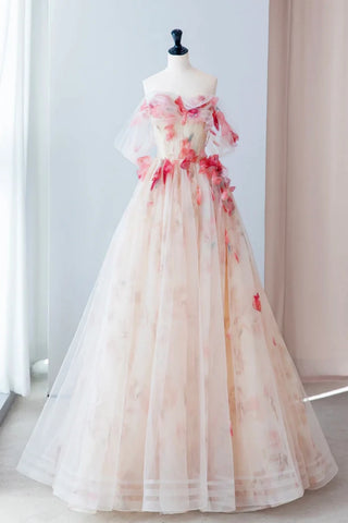 Off the Shoulder Pink Floral Long Prom Dresses, Pink Floral Long Formal Graduation Dresses