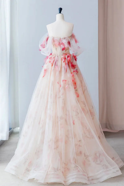 Off the Shoulder Pink Floral Long Prom Dresses, Pink Floral Long Formal Graduation Dresses