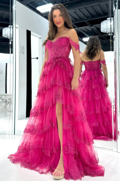 Off the Shoulder Pink Lace Layered Long Prom Dresses, Pink Layered Lace Formal Evening Dresses