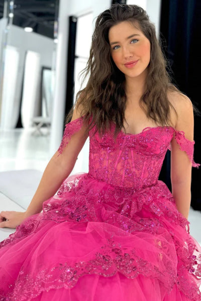 Off the Shoulder Pink Lace Layered Long Prom Dresses, Pink Layered Lace Formal Evening Dresses