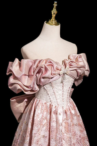 Off the Shoulder Pink Printed Satin Long Prom Dresses, Pink Printed Satin Long Formal Evening Dresses