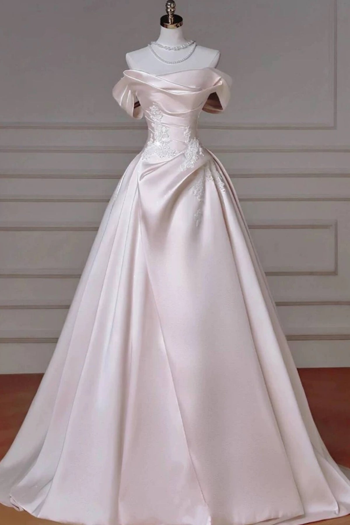 Off the Shoulder Pink Satin Long Lace Prom Dresses, Pink Satin Long Lace Formal Evening Dresses