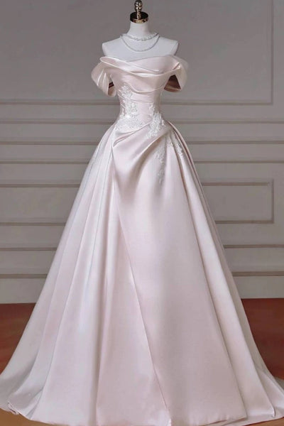 Off the Shoulder Pink Satin Long Lace Prom Dresses, Pink Satin Long Lace Formal Evening Dresses