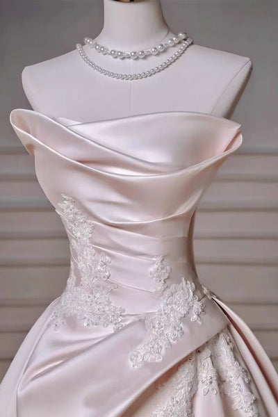 Off the Shoulder Pink Satin Long Lace Prom Dresses, Pink Satin Long Lace Formal Evening Dresses