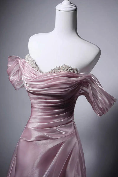 Off the Shoulder Pink Satin Long Prom Dresses, Pink Long Formal Evening Dresses