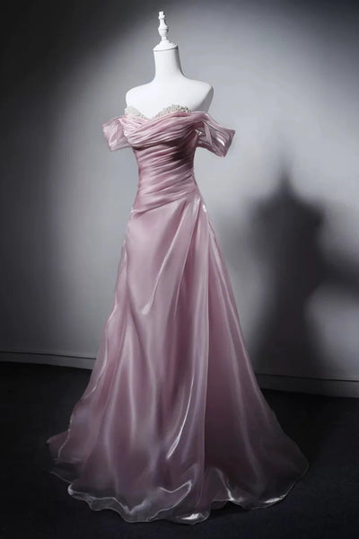 Off the Shoulder Pink Satin Long Prom Dresses, Pink Long Formal Evening Dresses