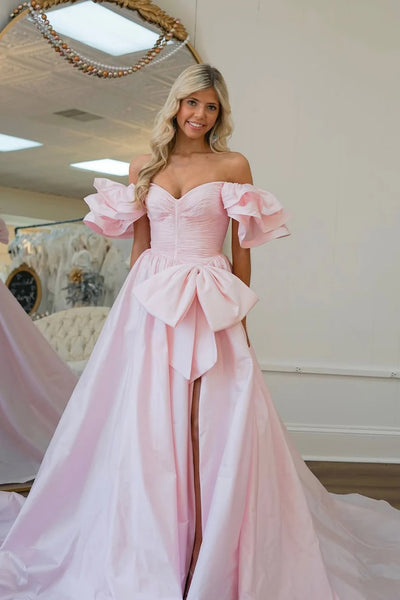 Off the Shoulder Pink Satin Long Prom Dresses, Pink Satin Long Formal Evening Dresses