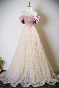 Off the Shoulder Pink Tulle Lace Prom Dresses, Off Shoulder Pink Lace Formal Evening Dresses
