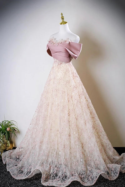 Off the Shoulder Pink Tulle Lace Prom Dresses, Off Shoulder Pink Lace Formal Evening Dresses