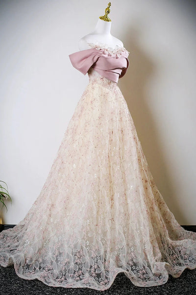 Off the Shoulder Pink Tulle Lace Prom Dresses, Off Shoulder Pink Lace Formal Evening Dresses