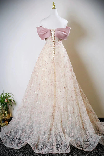 Off the Shoulder Pink Tulle Lace Prom Dresses, Off Shoulder Pink Lace Formal Evening Dresses
