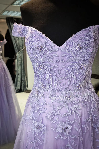 Off the Shoulder Purple Lace Prom Dresses, Purple Long Lace Formal Evening Dresses
