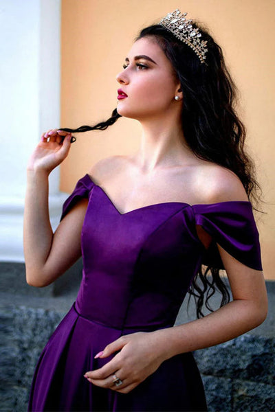 Off the Shoulder Purple Satin Long Prom Dresses, Purple Long Formal Graduation Dresses