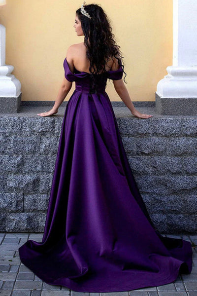 Off the Shoulder Purple Satin Long Prom Dresses, Purple Long Formal Graduation Dresses