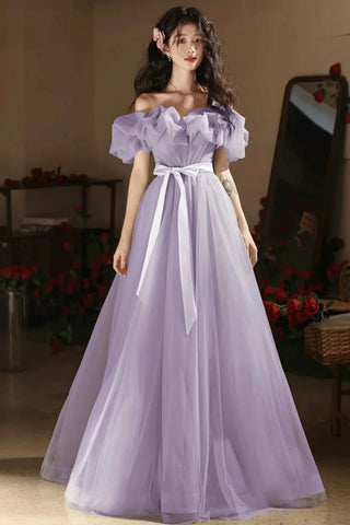 Off the Shoulder Purple Tulle Long Prom Dresses, Purple Tulle Long Formal Evening Dresses