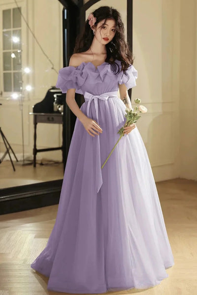 Off the Shoulder Purple Tulle Long Prom Dresses, Purple Tulle Long Formal Evening Dresses