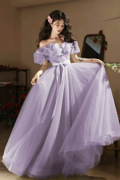 Off the Shoulder Purple Tulle Long Prom Dresses, Purple Tulle Long Formal Evening Dresses
