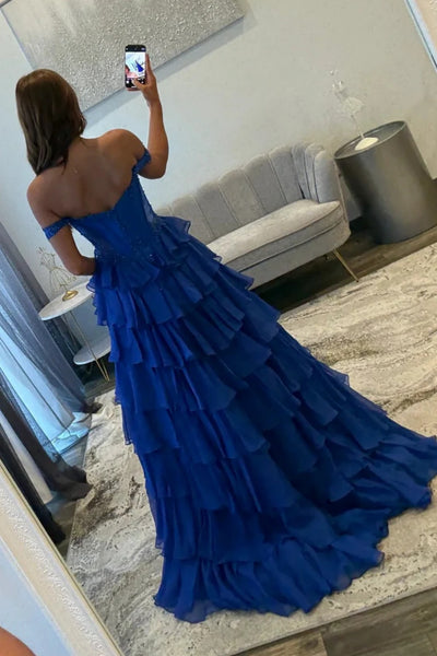 Off the Shoulder Royal Blue Layered Lace Prom Dresses, Royal Blue Layered Chiffon Formal Evening Dresses