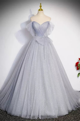 Off the Shoulder Shiny Gray Long Prom Dresses, Off Shoulder Gray Long Formal Evening Dresses