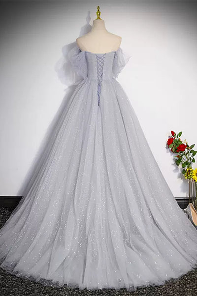 Off the Shoulder Shiny Gray Long Prom Dresses, Off Shoulder Gray Long Formal Evening Dresses