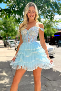 Off the Shoulder Short Black Blue Lace Prom Dresses, Short Off Shoulder Lace Formal Graduation Dresses