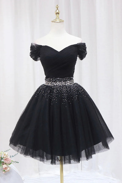 Off the Shoulder Short Black Prom Dresses, Off Shoulder Short Black Formal Homecoming Dresses