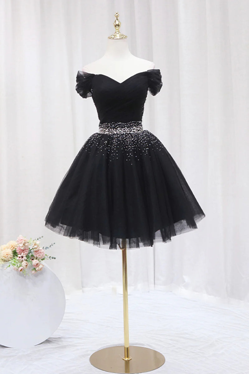Off the Shoulder Short Black Prom Dresses, Off Shoulder Short Black Formal Graduation Dresses