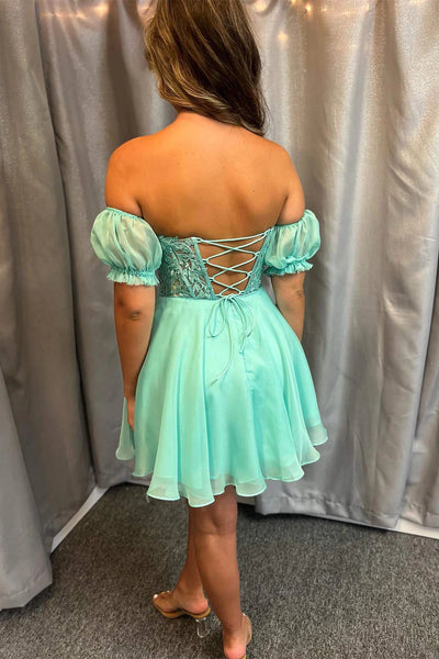 Off the Shoulder Short Blue Green Lace Prom Dresses, Short Lace Formal Homecoming Dresses