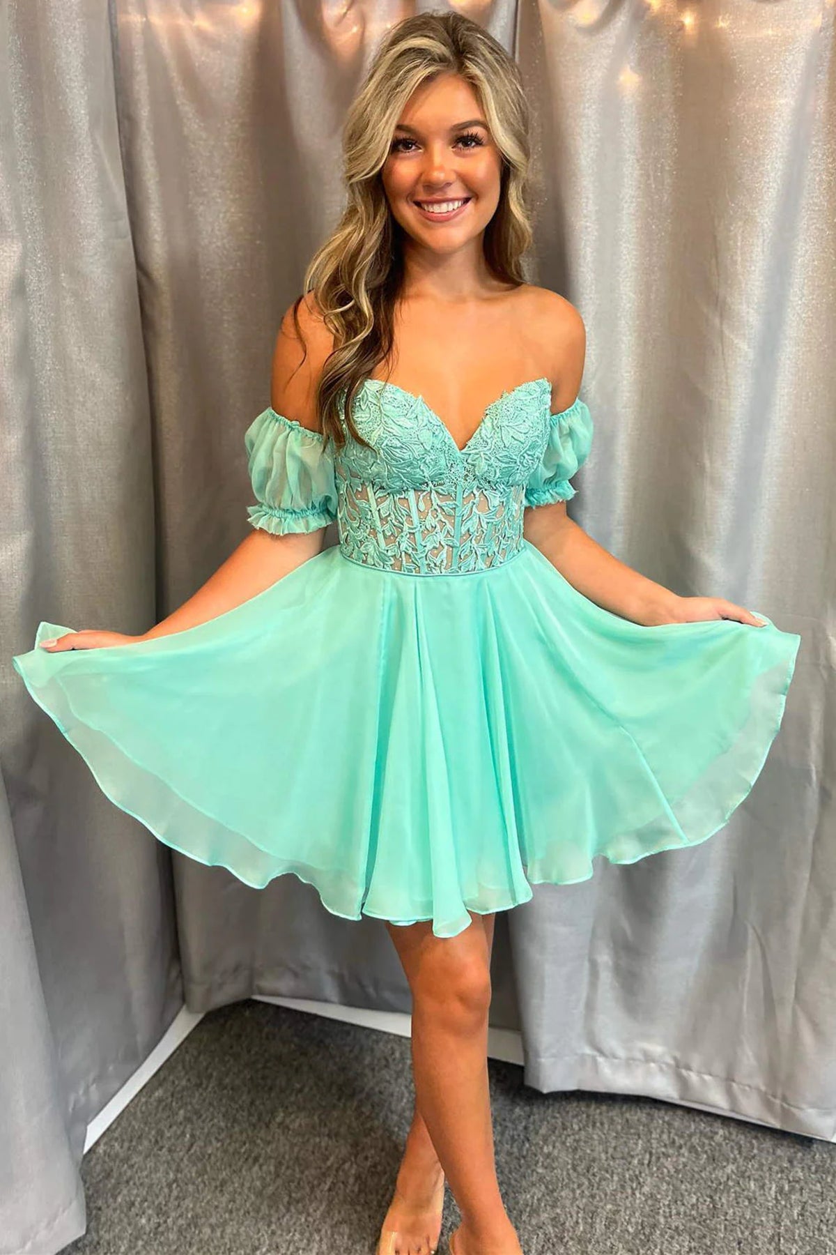 Off the Shoulder Short Blue Green Lace Prom Dresses, Short Lace Formal Homecoming Dresses