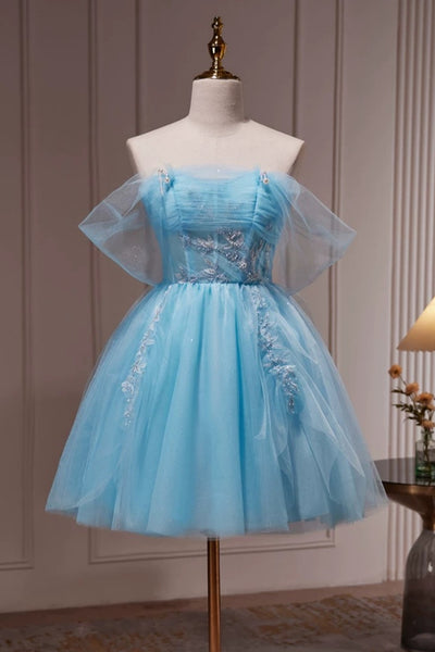 Off the Shoulder Short Blue Prom Dress, Short Bue Beaded Formal Homecoming Dresses