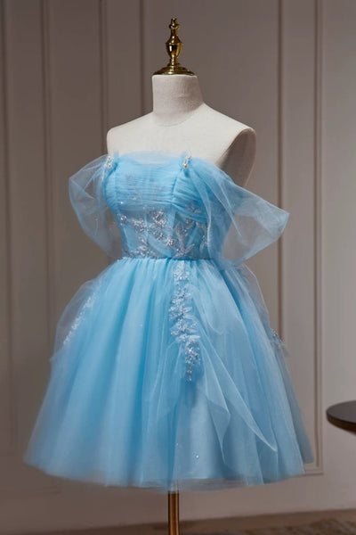 Off the Shoulder Short Blue Prom Dress, Short Bue Beaded Formal Homecoming Dresses