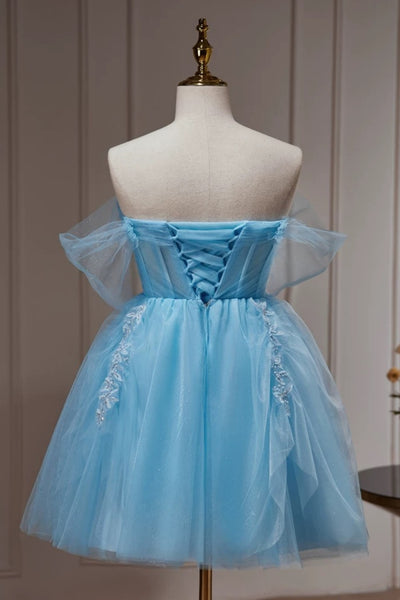Off the Shoulder Short Blue Prom Dress, Short Bue Beaded Formal Homecoming Dresses