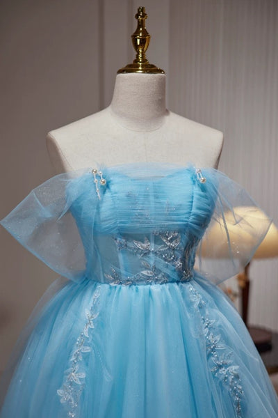 Off the Shoulder Short Blue Prom Dress, Short Bue Beaded Formal Homecoming Dresses