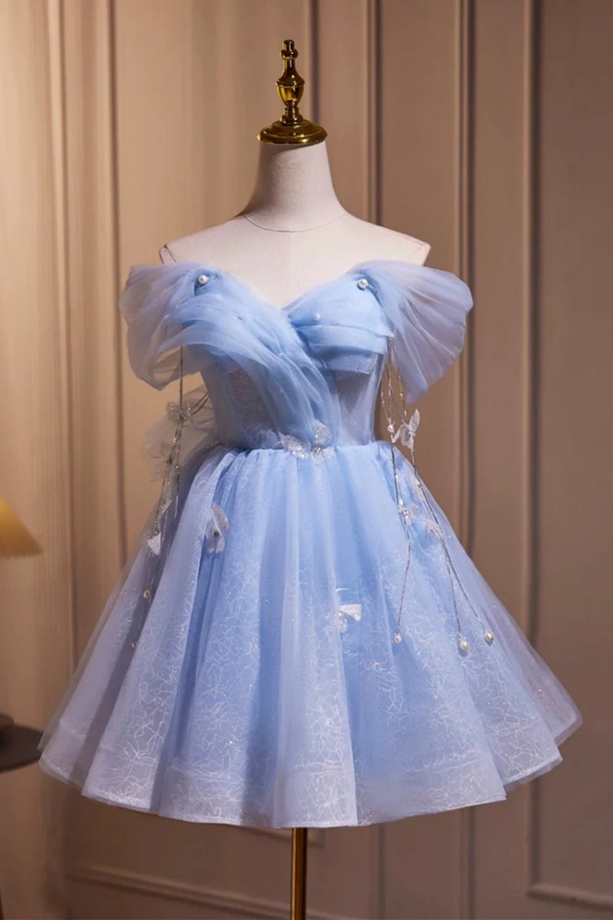 Off the Shoulder Short Blue Prom Dresses, Short Blue Formal Homecoming Dresses