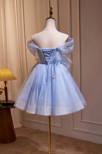 Off the Shoulder Short Blue Prom Dresses, Short Blue Formal Homecoming Dresses