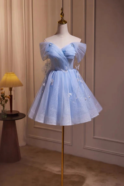 Off the Shoulder Short Blue Prom Dresses, Short Blue Formal Homecoming Dresses