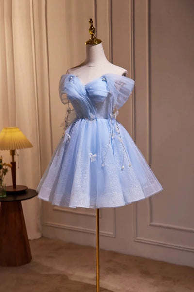 Off the Shoulder Short Blue Prom Dresses, Short Blue Formal Homecoming Dresses