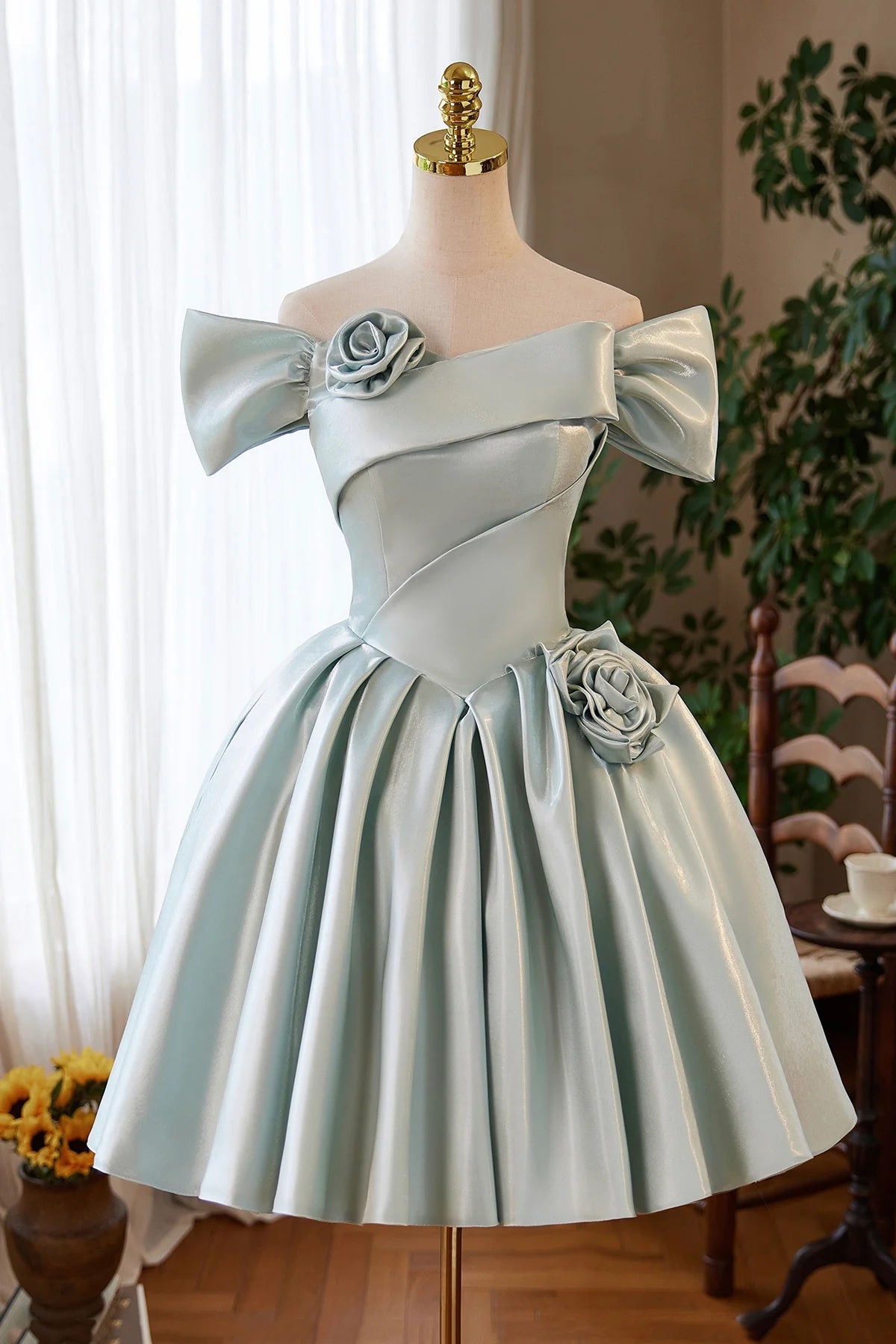 Off the Shoulder Short Blue Satin Prom Dresses, Short Blue Homecoming Graduation Dresses