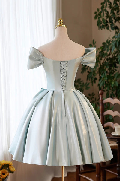 Off the Shoulder Short Blue Satin Prom Dresses, Short Blue Homecoming Graduation Dresses