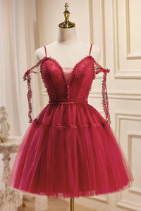Off the Shoulder Short Burgundy Lace Prom Dresses, Wine Red Short Lace Formal Graduation Dresses