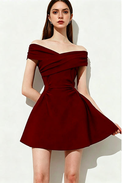 Off the Shoulder Short Burgundy Velvet Prom Dresses, Short Wine Red Velvet Prom Formal Dresses