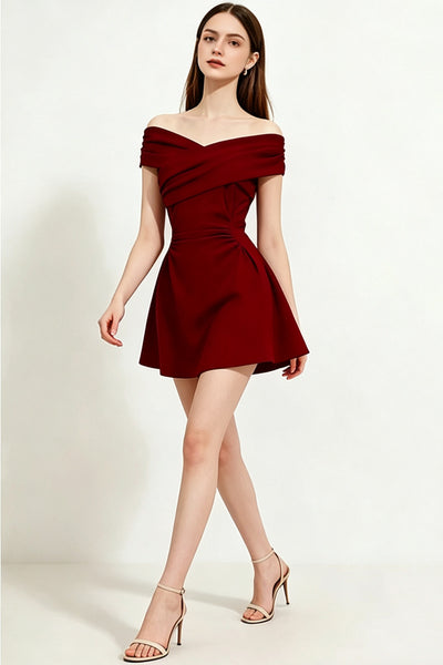 Off the Shoulder Short Burgundy Velvet Prom Dresses, Short Wine Red Velvet Prom Formal Dresses