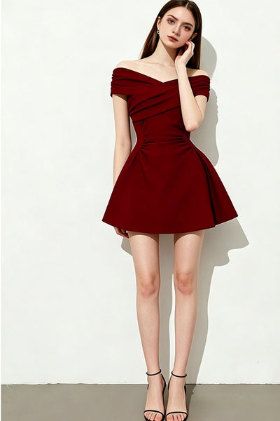Off the Shoulder Short Burgundy Velvet Prom Dresses, Short Wine Red Velvet Prom Formal Dresses
