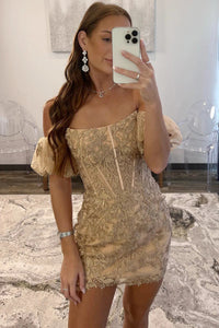 Off the Shoulder Short Champagne Lace Prom Dresses, Short Champagne Lace Formal Homecoming Dresses