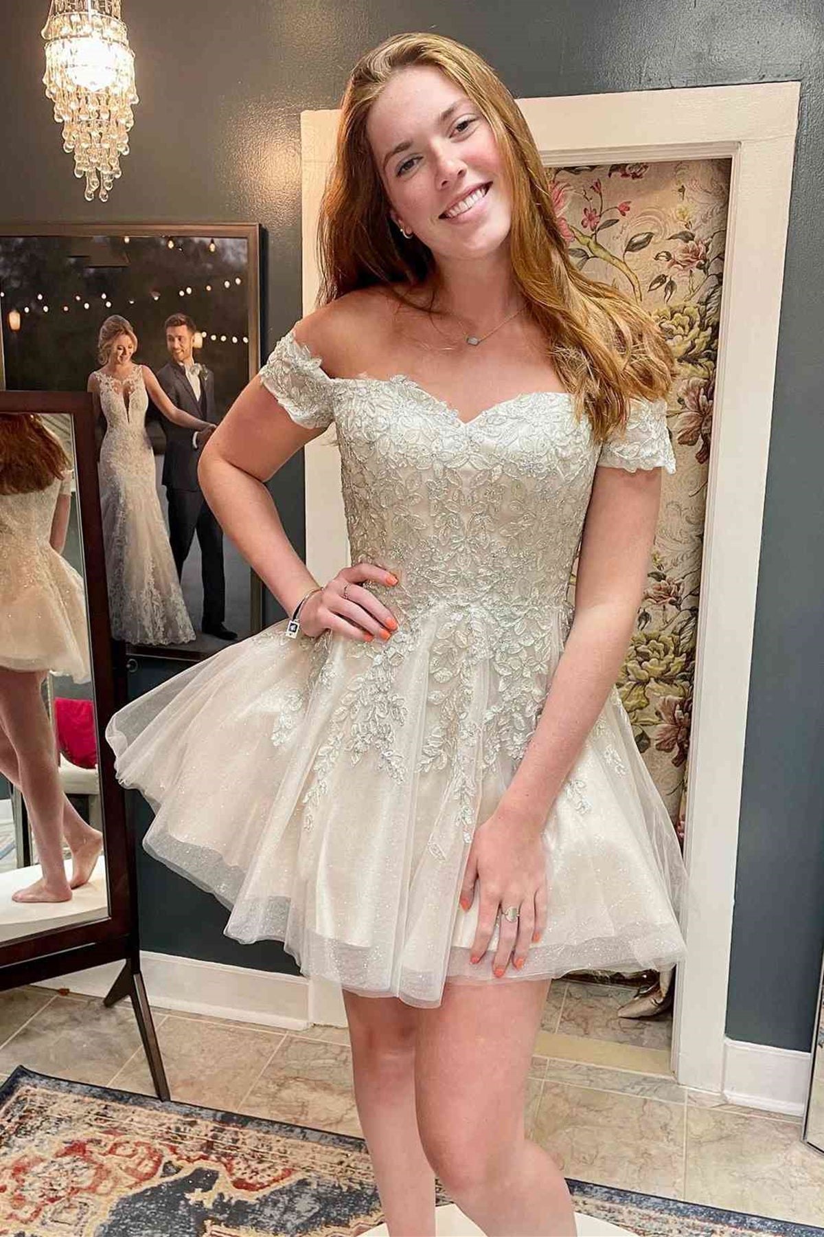 Off the Shoulder Short Champagne Lace Prom Dresses, Short Champagne La Eip Collection Off the Shoulder Short Champagne Lace Prom Dresses, Short Champagne La Eip Collection
