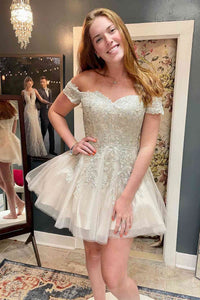 Off the Shoulder Short Champagne Lace Prom Dresses, Short Champagne Lace Formal Homecoming Dresses